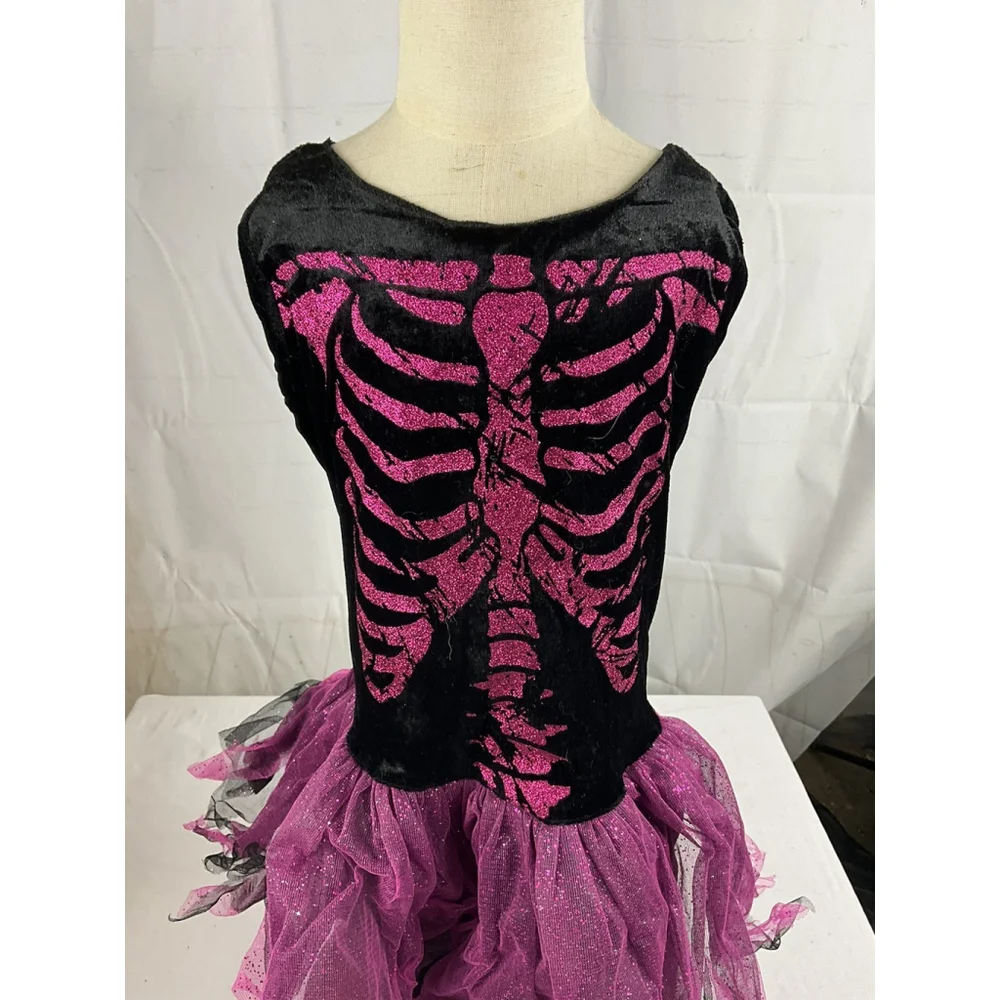 Halloween Costume Girl M 7-8 Pink Black Glitter Skeleton Dress Sleeve Tights Bow